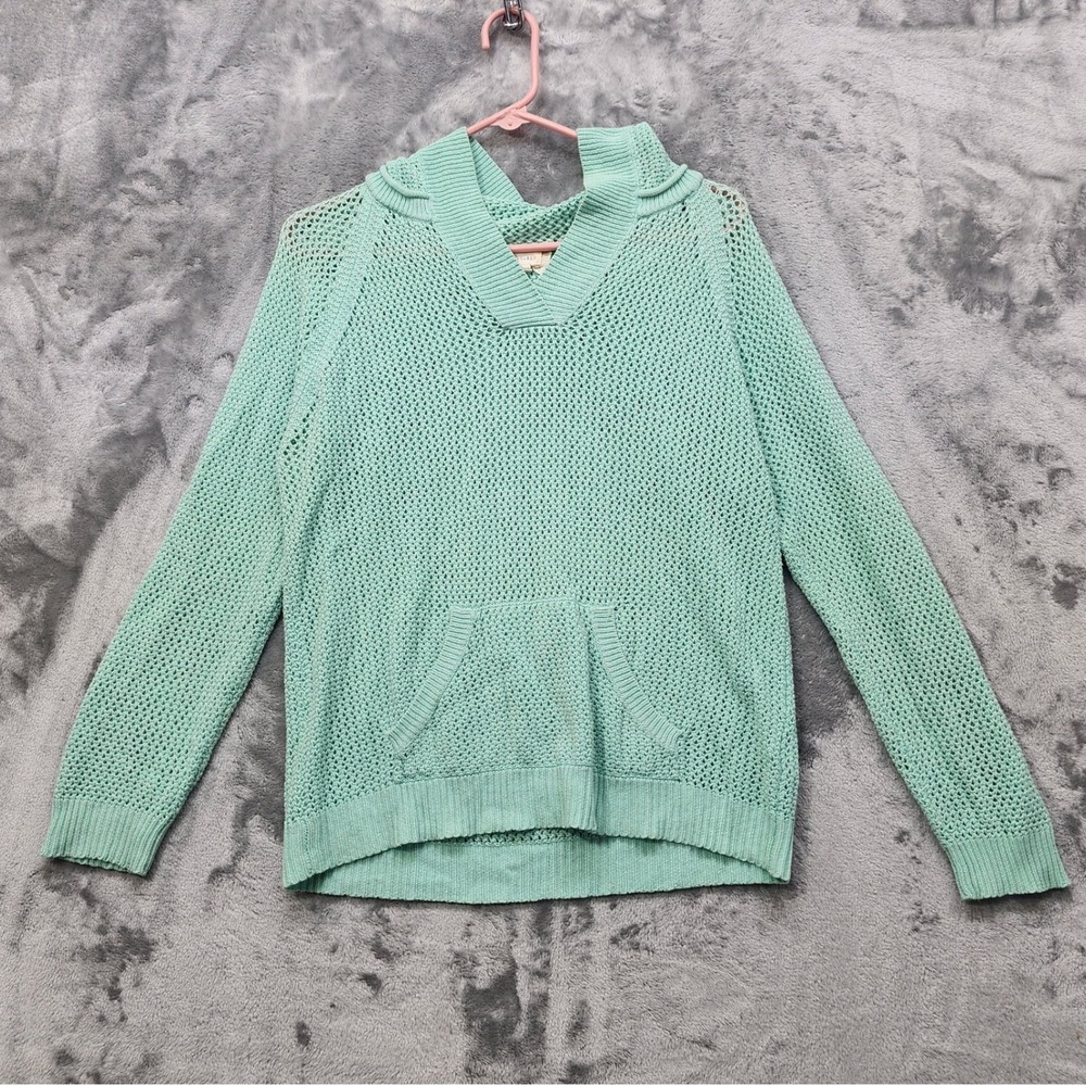 Shirt 469 Hoodie Womens‎ M Green Linen Blend Crochet Open Knit Pullover Sweater